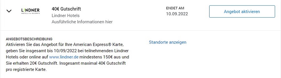 Gutschrift von 40 EUR von American Express für Ausgaben bei den Lindner Hotels bis 10.09.2022