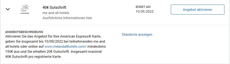 Gutschrift von 40 EUR von American Express für Ausgaben bei den me and all hotels bis 10.09.2022