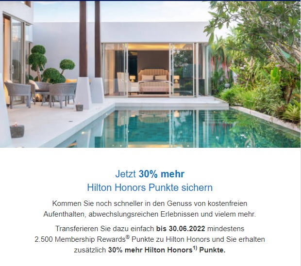 30% Bonus beim Transfer von American Express Membership Rewards zu Hilton Honors bis 30.06.2022