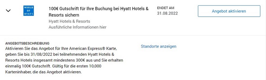 American Express Gutschrift von 100 EUR bei Hyatt Hotels bis 31.08.2022