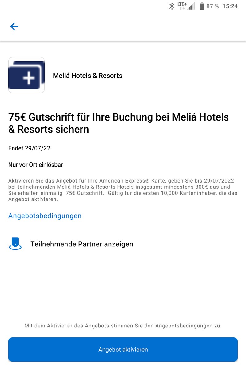 Es gibt wieder für bestimmte American Express Kunden eine Gutschrift von 75 EUR bei Zahlung bis 29.07.2022 in ausgewählten Melia Hotels