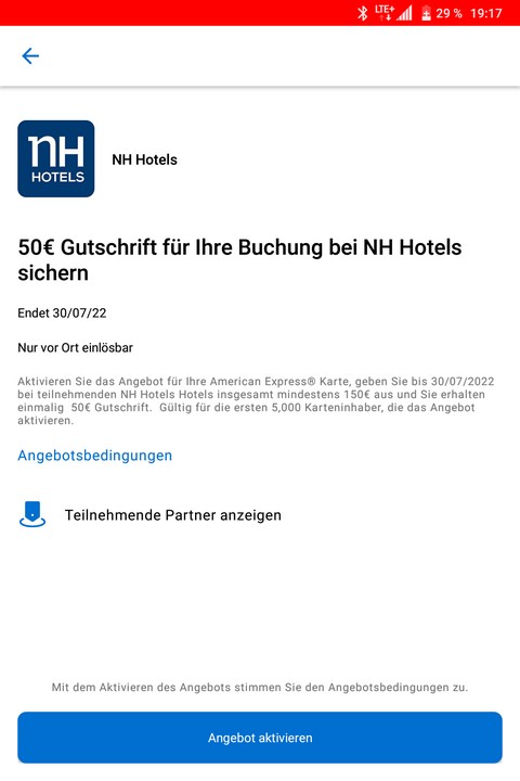 Gutschrift von 50 EUR für ausgewählte American Express Kunden bei NH Hotels bis 30.07.2022