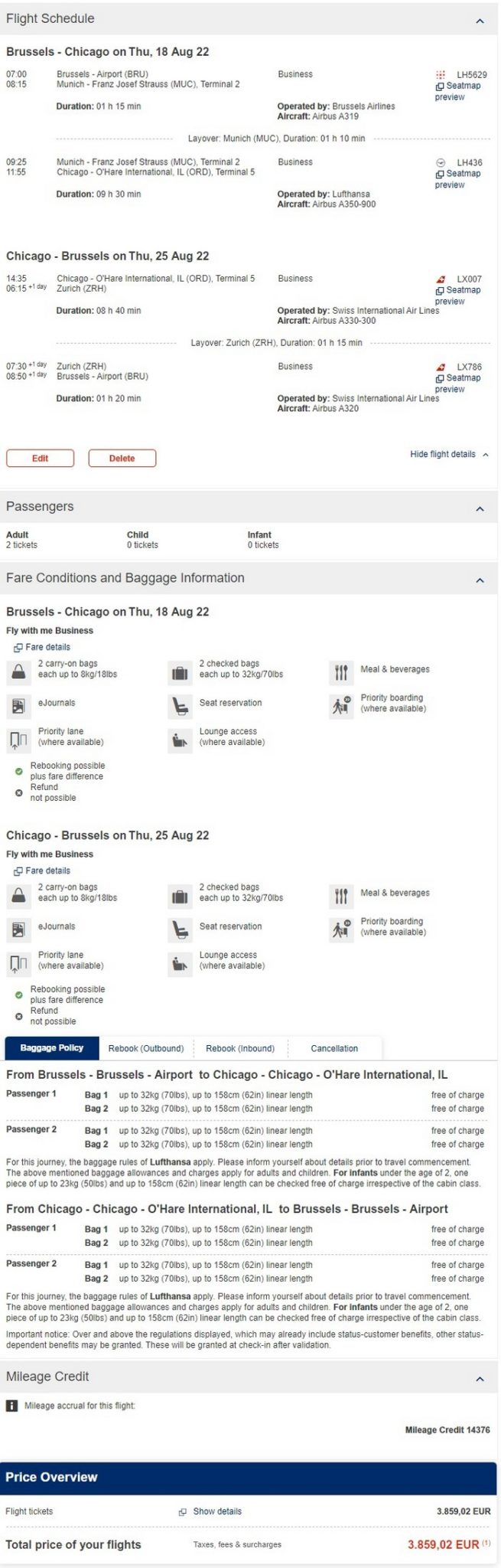 Preisbeispiel für Partnertarif ab Belgien nach Chicago in der Lufthansa und Swiss Business-Class bei Buchung bis 07.06.2022