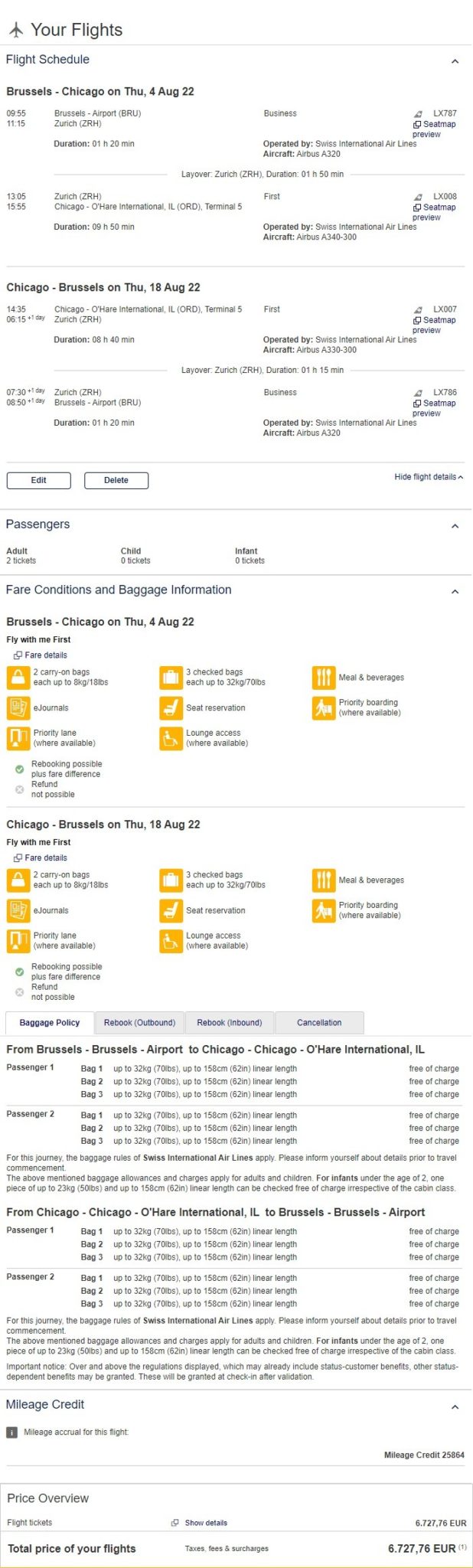 Preisbeispiel für Partnertarif ab Belgien nach Chicago in der Swiss First -Class bei Buchung bis 07.06.2022