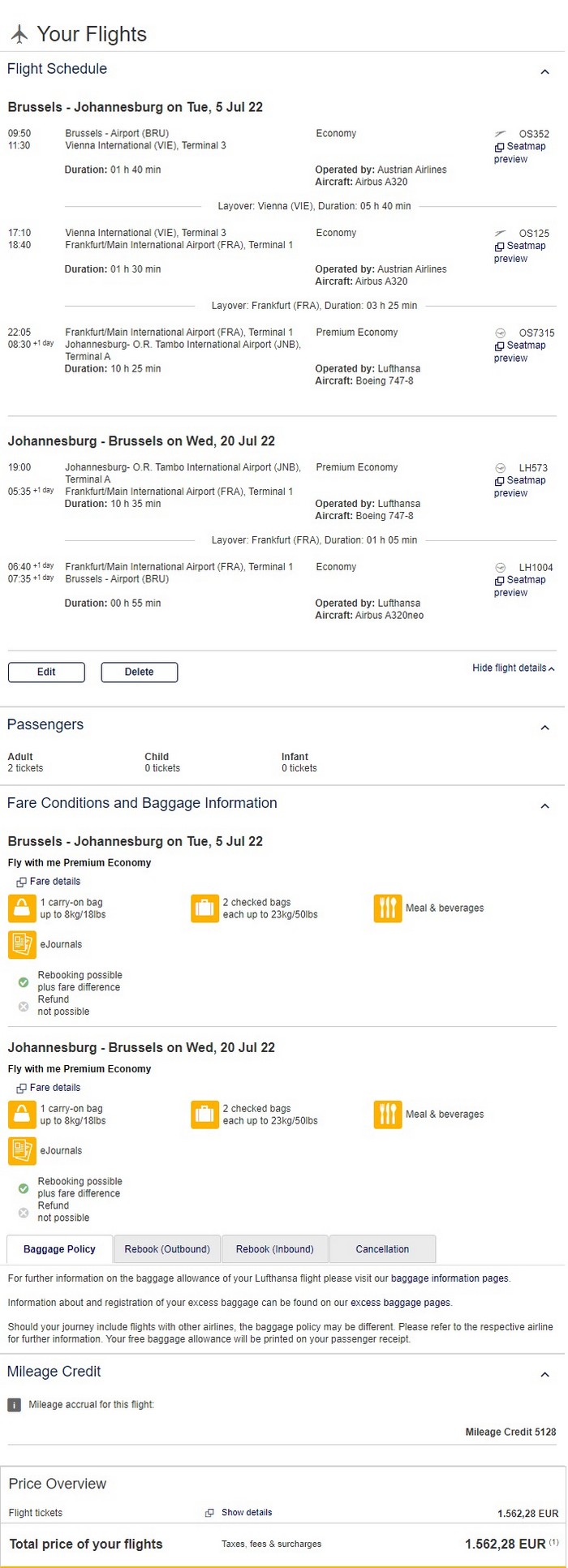 Preisbeispiel für Partnertarif ab Belgien nach Johannesburg in der Lufthansa und Austrian Premium-Economy-Class bei Buchung bis 07.06.2022