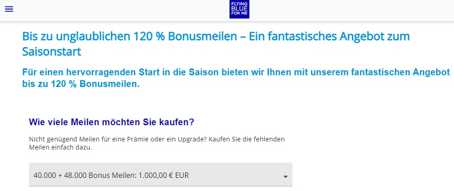 Bis zu 120% Bonus beim Kauf von Flying Blue Meilen bis 30.06.2022