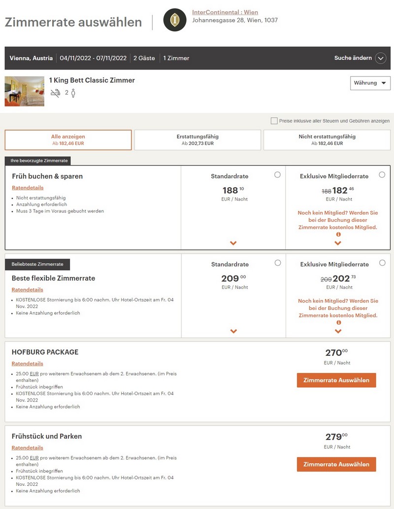 Preisbeispiel InterContinental Wien im IHG Sale bis 02.08.2022