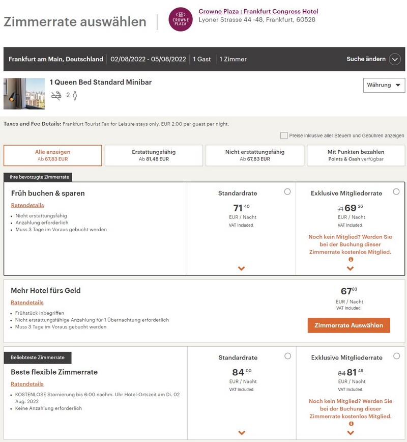 Preisbeispiel Crowne Plaza Frankfurt beim IHG Sale bis 02.08.2022