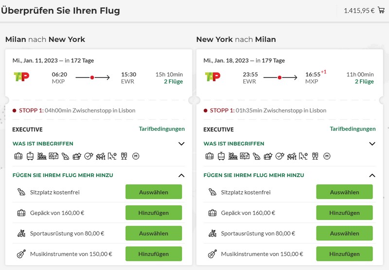 Preisbeispiel von Mailand nach New York in der TAP Air Portugal Business-Class