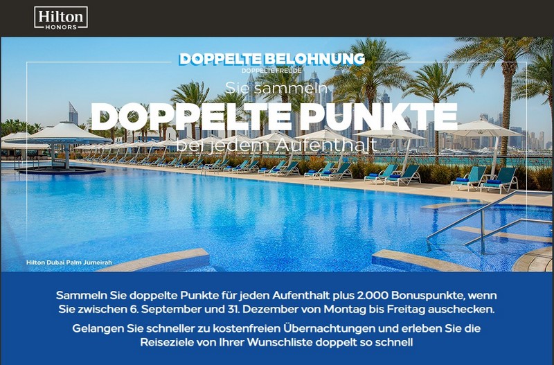 Doppelte Honors Punkte und zusätzlich 2.000 Punkte für Check Out an Wochentagen bis 31.12.2022