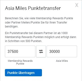 15% Bonus bei der Übertragung von 37.500 American Express Membership Rewards zu 30.000 Cathay Pacific Asia Miles bis 12.11.2022