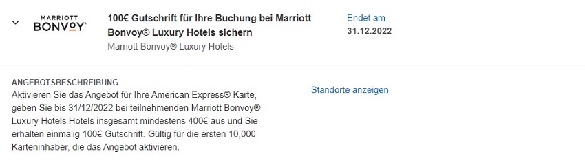 100 EUR Gutschrift vn American Express in den Luxushotels  von Marriott bis 31.12.2022