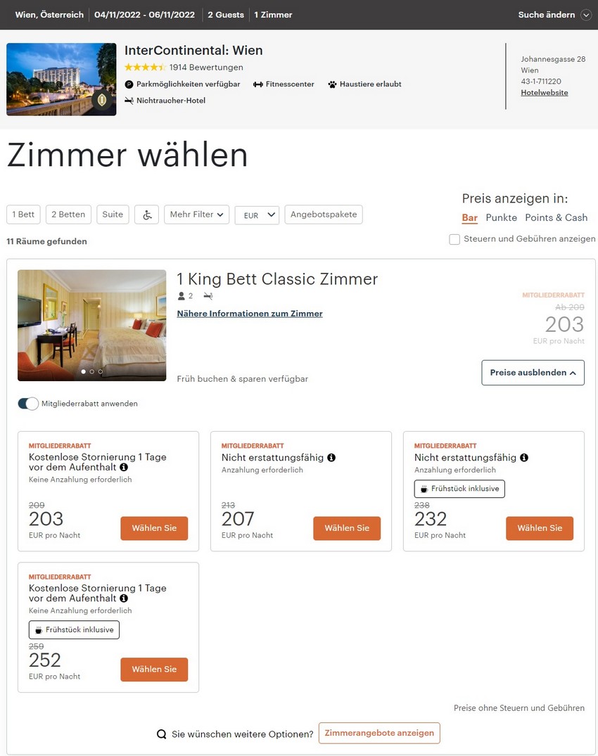 Preisbeispiel InterContinental Wien im IHG Herbst Sale 2022 für Aufenthalte bis 31.05.2022