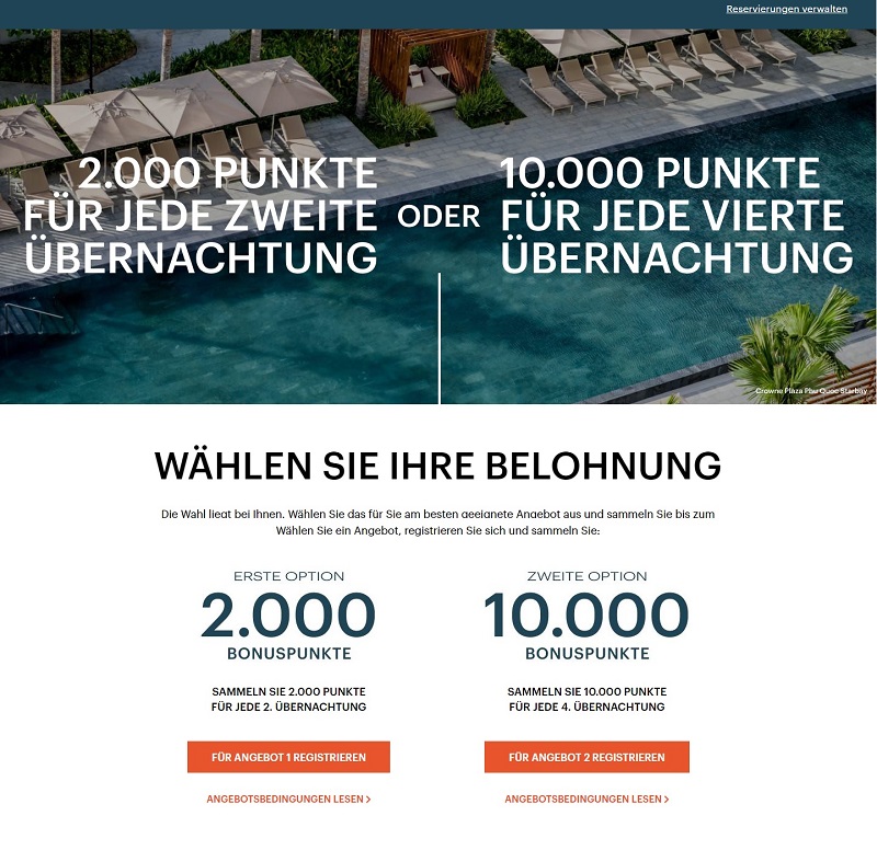 Wahl der IHG One Rewards Promotion mit 2.000 nach zwei Nächten oder 10.000 Punkten nach vier Nächte bis Ende 2022