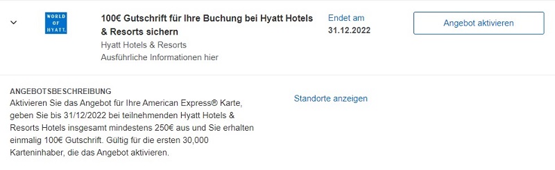 American Express Gutschrift von 100 EUR bei Hyatt Hotels bis 31.12.2022