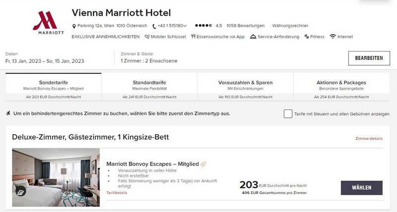 Vergleich der Raten mit Blick auf Ersparnis von 20% für Aufenthalte bis 16.01.2022 im Marriott Wien