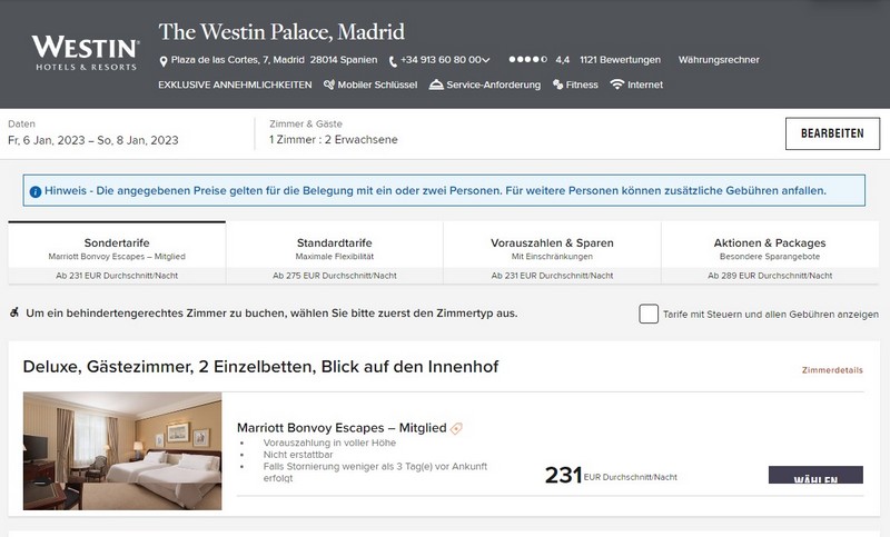 Vergleich der Raten mit Blick auf Ersparnis von 20% für Aufenthalte bis 16.01.2022 im Westin Madrid