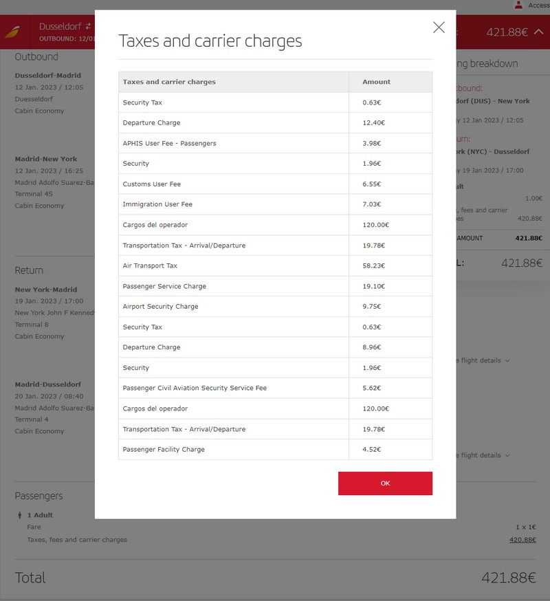 Aufschlüsselung der Steuern für den Iberia Flug Düsseldorf - Madrid - New York