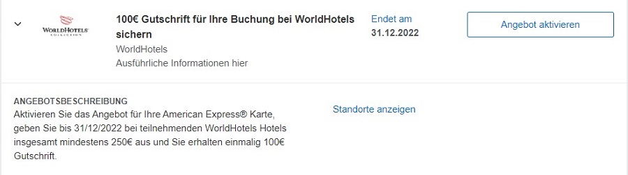 Viele American Express Kunden erhalten eine 100 EUR Gutschrift bei einem Umsatz von 250 EUR bis 31.12.2022 in Wordhotels