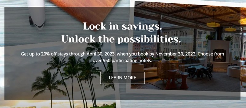 Der Hyatt Sale bis 30.11.2022 bietet eine Ersparnis von bis zu 20% für Aufenthalte bis 30.04.2023 in vielen Hotels