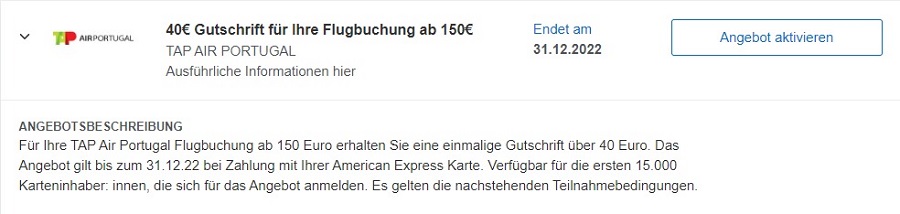 American Express Gutschrift von 40 EUR für Buchung von Flügen mit TAP bis 31.12.2022