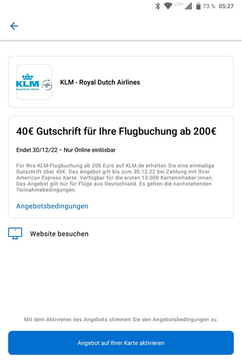 American Express Gutschrift von 40 EUR für Buchungen von Flügen mit KLM bis 30.12.2022