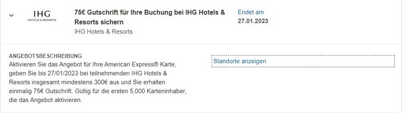 75 EUR American Express Gutschrift bei IHG bis 27.01.2023