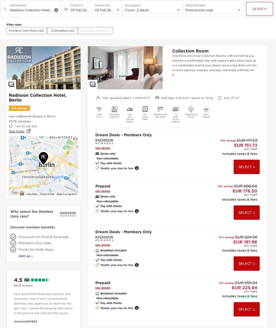 Preisbeispiel Radisson Collection Berlin Dream Deals Raten 2022