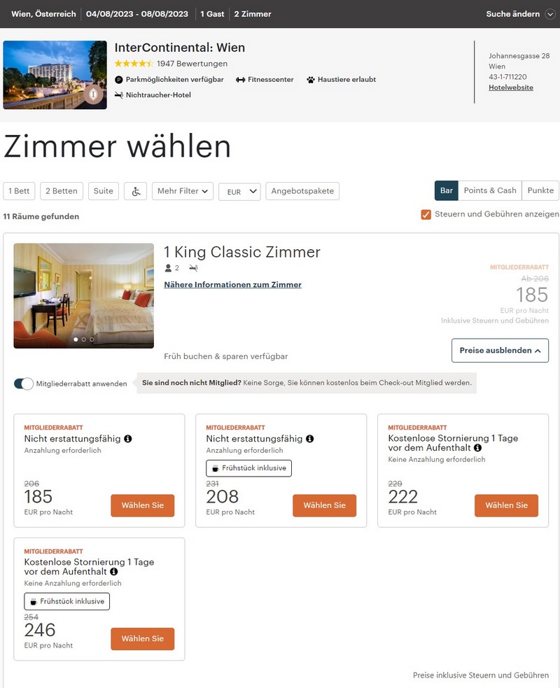 Preisbeispiel Intercontinental Wien für IHG Winter Sale für Aufenthalte bis 31.12.2023