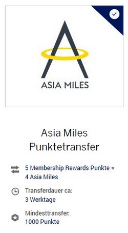 Umtauschverhältnis American Express Membership Rewards zu Cathay Pacific Asia Miles