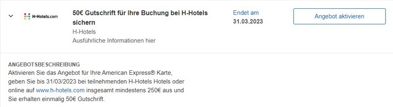 50 EUR Gutschrift von American Express für Ausgaben in H-Hotels bis Ende März 2023