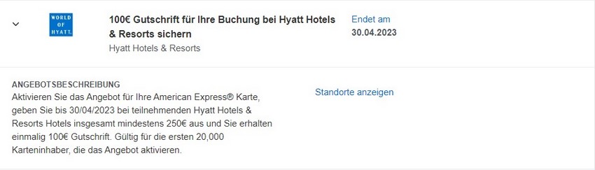 Gutschrift von 100 EUR bei Hyatt Hotels bis 30.04.2023