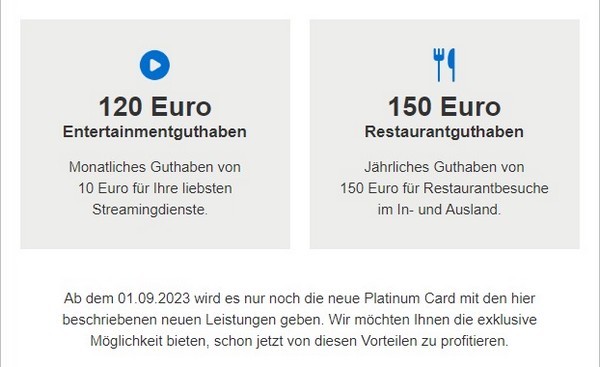 Ab 2023 Restaurant Guthaben von 150 EUR und Entertainment Guthaben von 120 EUR (12 x 10 EUR)
