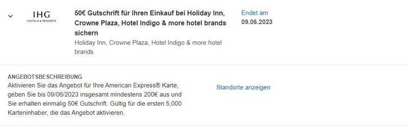 50 EUR American Express Gutschrift bei IHG Hotels bis 09.06.2023