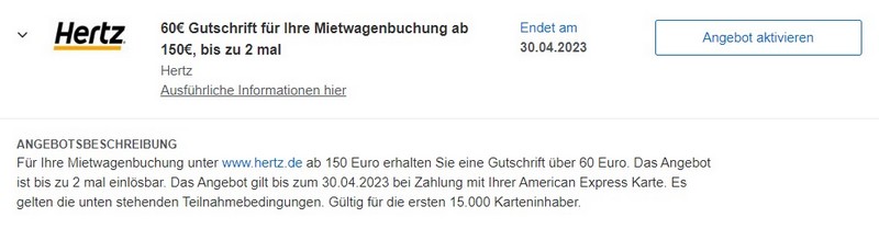 60 EUR Gutschrift von American Express für vorausbezahlen Buchungen bei Hertz bis 30.04.2023