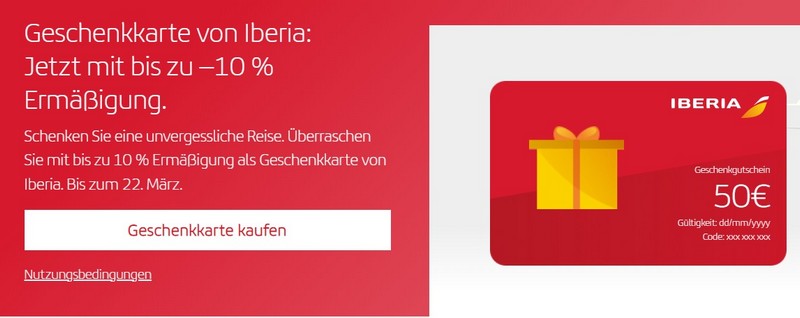 Bis 22.03.2023 erhaltet Ihr bis zu 10% Ermäßigung auf Iberia Geschenkkarten