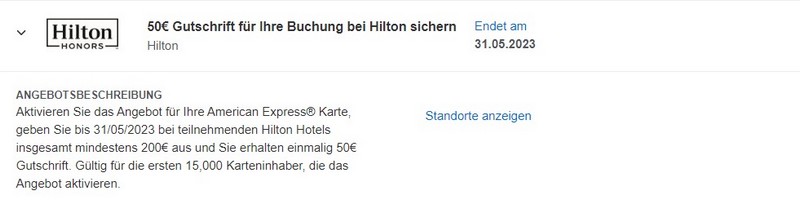 50 EUR American Express Gutschrift bei Hilton bis 31.05.2023