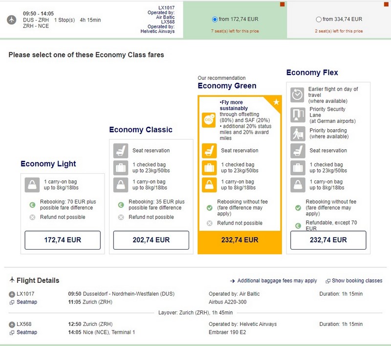 Buchung eines Lufthansa Econbomy-Class Green Fares im Februar 2023