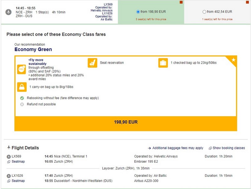 Buchung eines Lufthansa Econbomy-Class Green Fares im Februar 2023