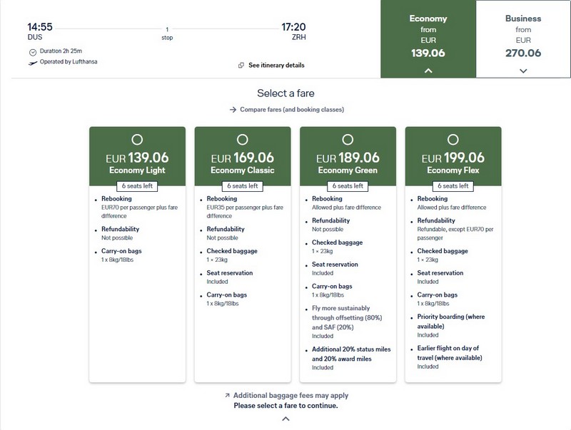 Übersicht über die verschiedenen Tarife bei Buchung - hier Econbomy-Class