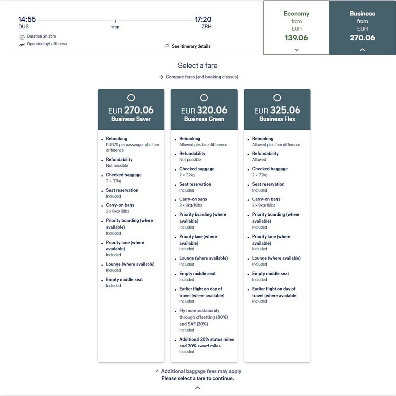 Übersicht über die verschiedenen Tarife bei Buchung - hier Business-Class
