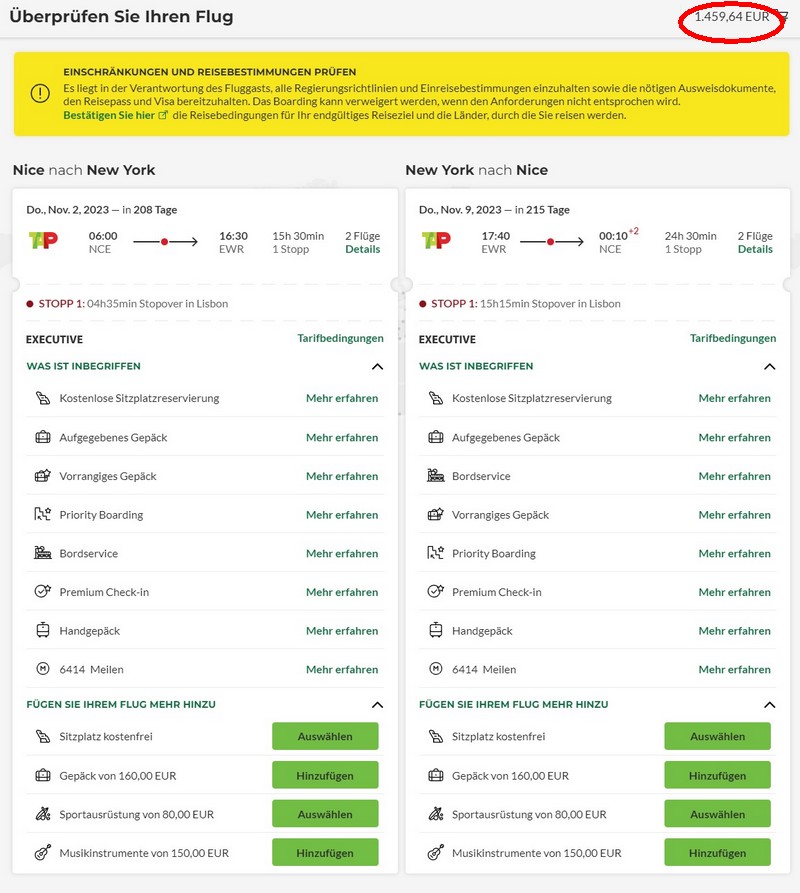 Preisbeispiel von Nizza nach New York in der TAP Air Portugal Business-Class