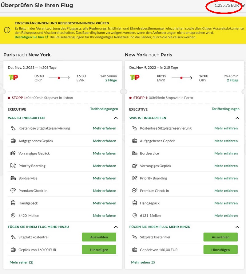 Preisbeispiel von Paris nach New York in der TAP Air Portugal Business-Class