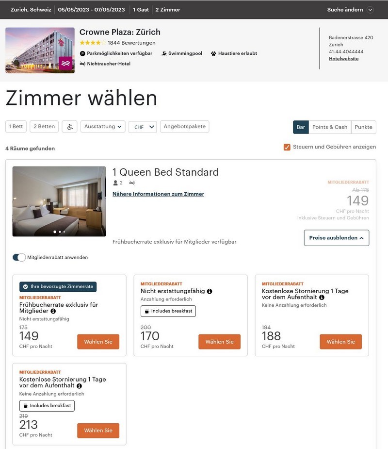 Verfügbarkeit des IHG Flash Sale für Buchungen bis 20.04.2023 im Crowne Plaza Zurich