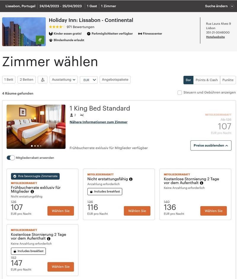 Verfügbarkeit des IHG Flash Sale für Buchungen bis 20.04.2023 im Holiday Inn Lissabon Continental