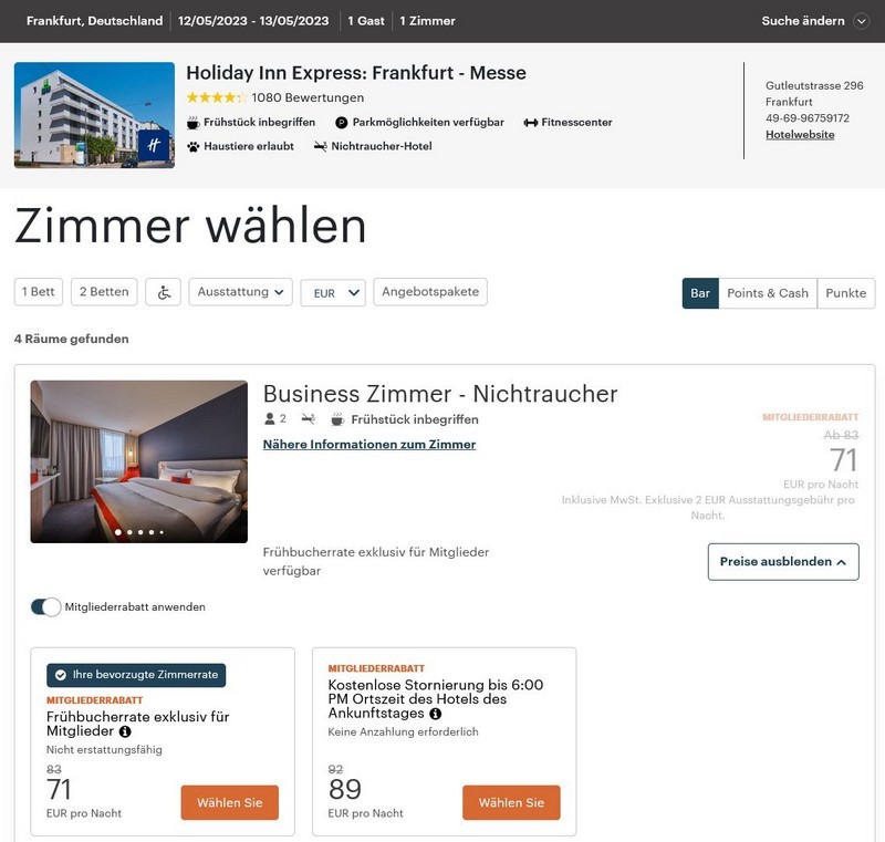 Verfügbarkeit des IHG Flash Sale für Buchungen bis 20.04.2023 im Holiday Inn Express Frankfurt Messe