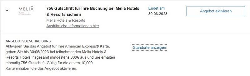 American Express Gutschrift von 75 EUR bei Melia Hotels bis 30.06.2023