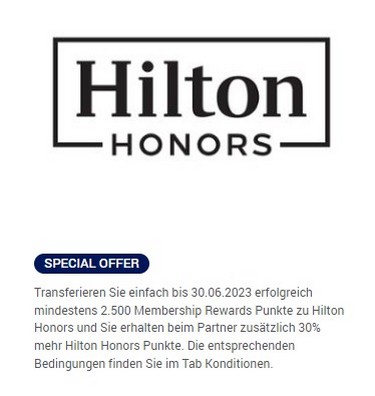 30% Bonus beim Transfer von American Express Membership Rewards Punkten zu Hilton Honors bis 30.06.2023