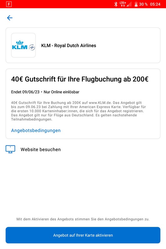 Gutschrift von 40 EUR bei einer Flugbuchung auf KLM bis 09.06.2023 für einige American Express Karteninhaber