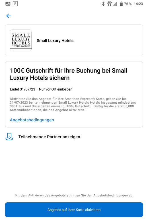 American Express Gutschrift in Höhe von 100 EUR bei den Small Luxury Hotels SLH bis 31.07.2023